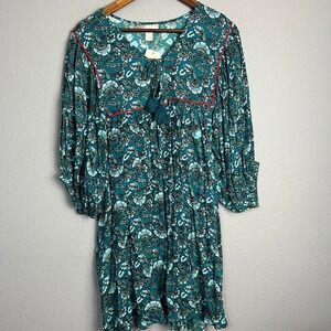 Band of the Free Mallory Teal Floral Babydoll Dress Tassel‎ Tie Neck Pockets M